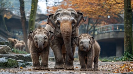 Naklejka premium A family of elephants walking together in a serene park during autumn, surrounded by colorful foliage