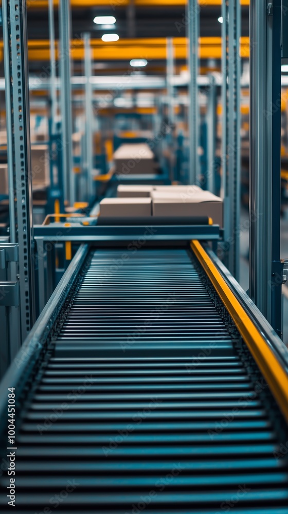 Poster automated conveyor system transporting packages in a modern warehouse during daytime operations