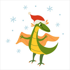 Cute baby dinosaur with wings and snowfall. Dino wearing santa hat. Vector flat illustration for winter and Christmas cards. Xmas design