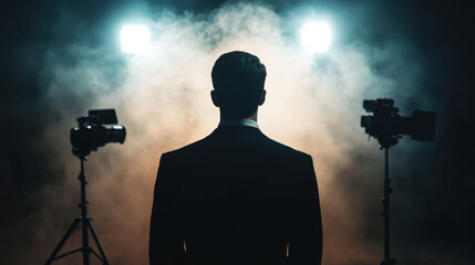 Fototapeta premium silhouette of man in suit stands in front of bright lights and cameras, creating dramatic atmosphere. scene evokes sense of anticipation and creativity