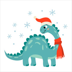 Adorable dinosaur and snowfall. Dino wearing santa hat and red scarf. Vector flat illustration for winter and Christmas cards. Xmas design