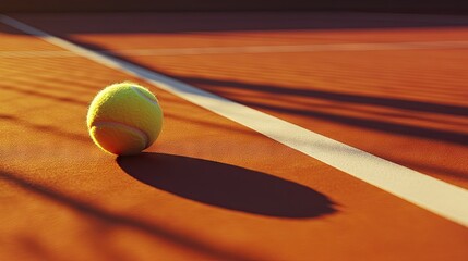 A close-up of a tennis ball bouncing on a freshly painted hard court, with the white lines and bright sunlight casting shadows across the surface.