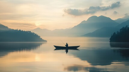 A solitary fisherman in a small boat peacefully casts his fishing line on a calm lake. Soft morning light illuminates the distant mountains and the still water