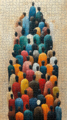 A crowd of people in colorful clothing stand close together, viewed from behind.