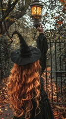 Naklejka premium A woman with long red hair is holding a lantern and wearing a black hat