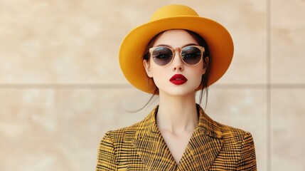 Fashionable woman in stylish outfit, wearing yellow hat and sunglasses.