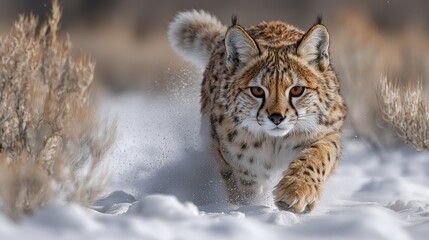 Obraz premium A lynx prowls through deep snow in a winter landscape, showcasing its powerful stride and keen hunting instincts