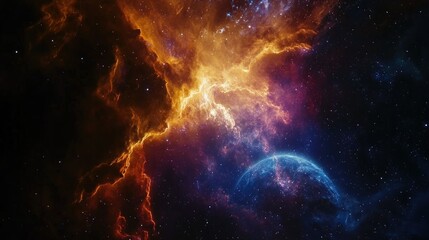 Fototapeta premium A colorful nebula spreading across the cosmos, with Earth faintly visible in the lower corner, showcasing the contrast between the planet and the universe.