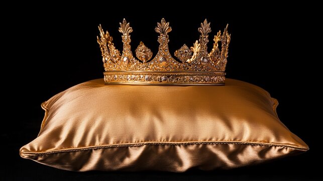 Golden crown resting on a luxurious satin pillow, black background.
