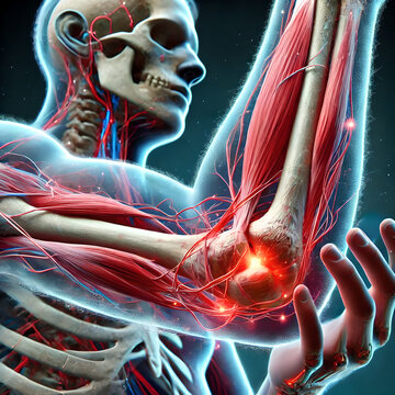 3D close-up image of a patient with tennis elbow, showing the inflammation of the tendons connecting the forearm muscles to the lateral epicondyle of the elbow. damaged tendons.