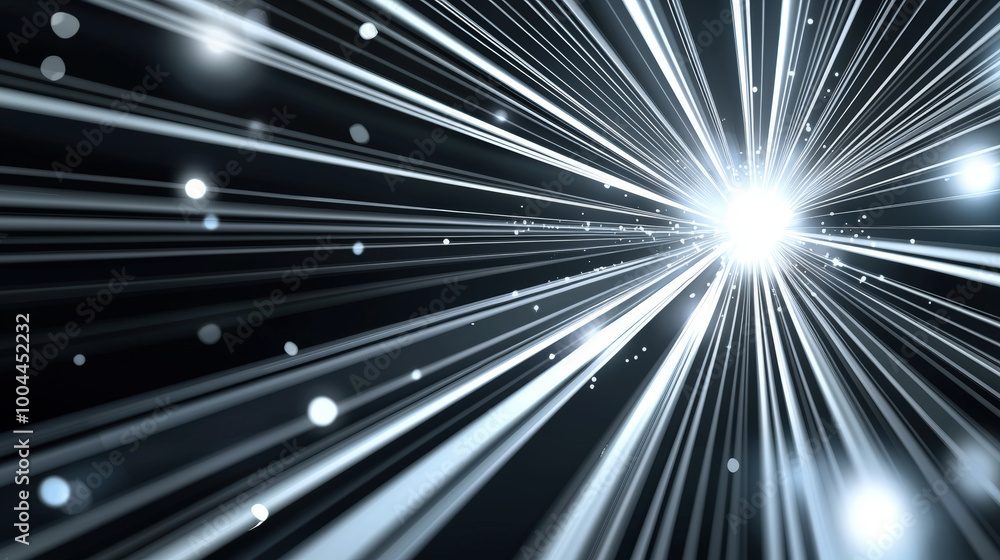 Poster bright rays of light radiate from central point against black background, creating dynamic and energ
