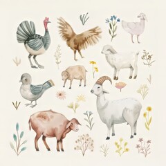 Fototapeta premium Farmyard scene with cute animals. Charming scene on white background for nursery poster