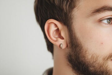 Fototapeta premium Close up view of a man's ear on white background. Copy space. generative ai