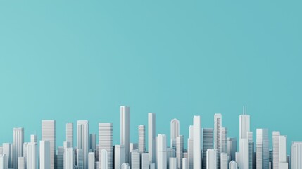 Modern city skyline with tall buildings against a turquoise background.