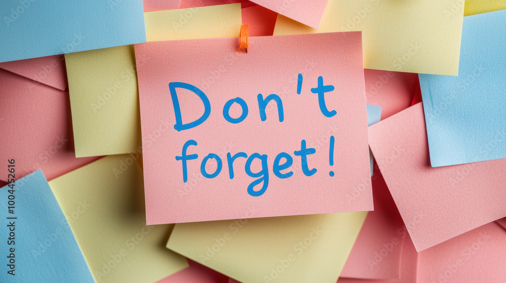 Poster colorful sticky notes with message dont forget! create vibrant reminder. this image captures essence