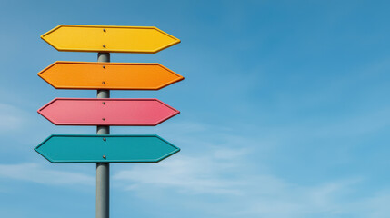 Colorful road signs with arrows pointing in different directions against clear blue sky create vibrant and inviting atmosphere