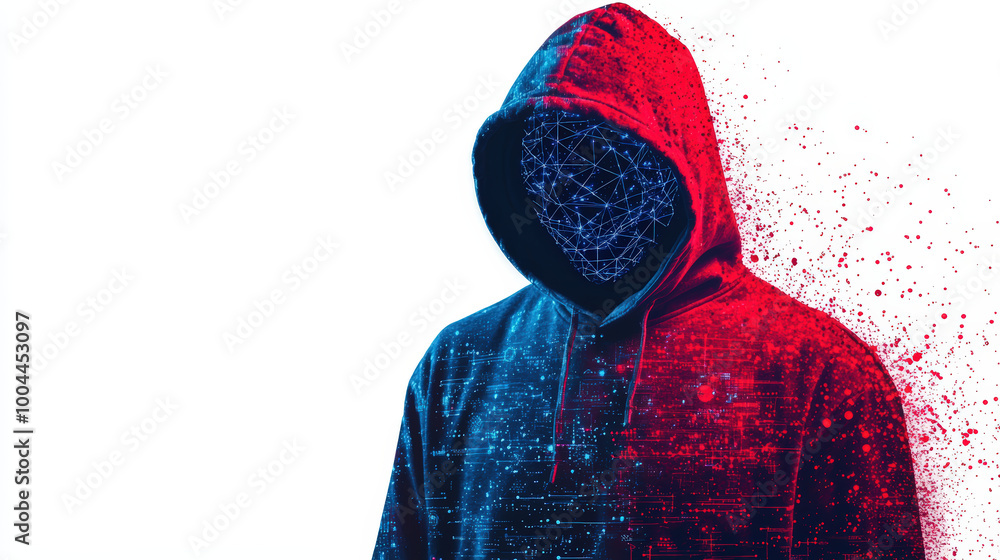 Poster mysterious figure in hoodie represents world of cyber security, surrounded by digital network and ab