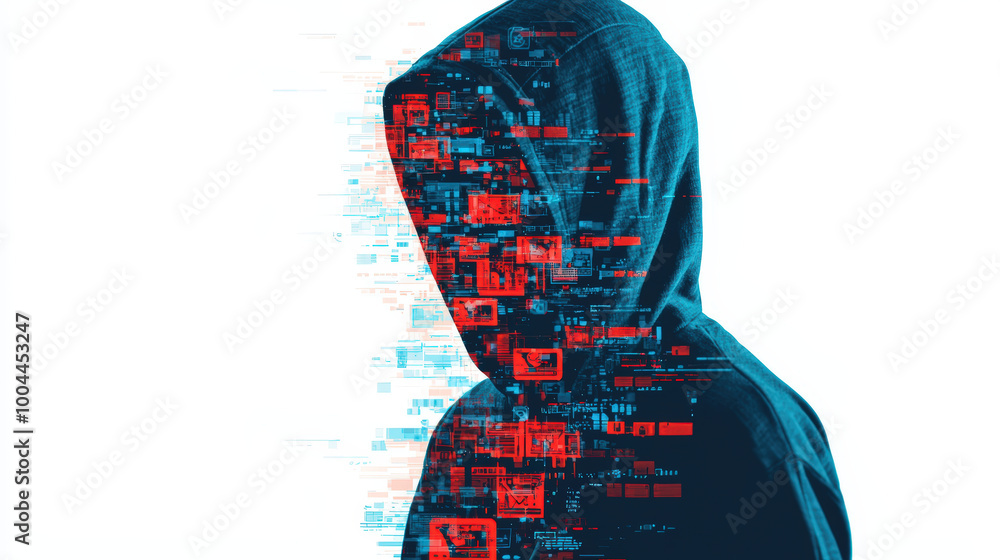 Poster mysterious figure in hoodie is surrounded by digital network, symbolizing cybersecurity and hacking.