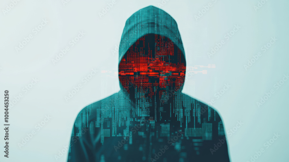 Poster mysterious figure in hoodie stands against light background, with digital overlay of cyber network. 