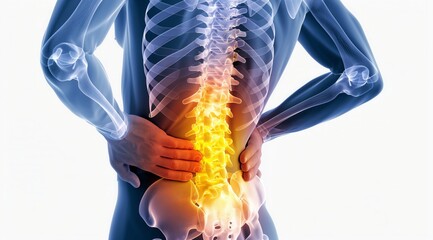 3D render of a transparent human body with a glowing spine highlights lower back pain.