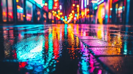 Fototapeta premium Vibrant street reflections in wet pavement with colorful city lights at night.