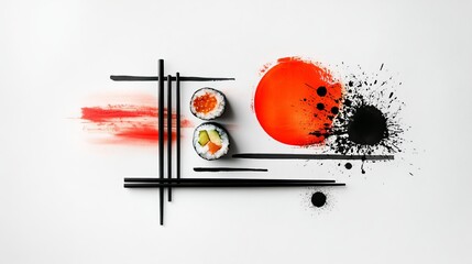 Sushi Chopsticks Red and Black Ink Splatter Abstract Art
