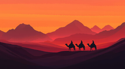 Naklejka premium Silhouette of three men riding camels in desert at sunset, surrounded by majestic mountains. vibrant colors create serene and adventurous atmosphere