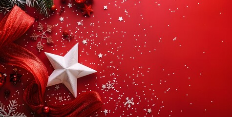 Red Christmas Background With White Star And Decorations