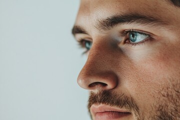 Fototapeta premium Close up view of a man's ear on white background. Copy space. generative ai