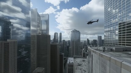 Fototapeta premium A helicopter taking off from a rooftop helipad in a busy city, with skyscrapers surrounding the launch area.