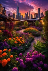 Fototapeta premium lively urban gardens dynamic cityscapes illuminated dusk vibrant colors captivating atmospheres, skyline, plants, colorful, flowers, nature, architecture