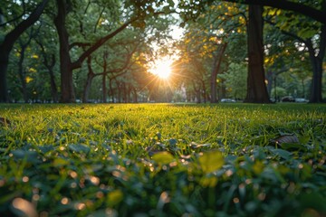 A tranquil and serene park landscape during the golden hour with sunlight filtering through the...