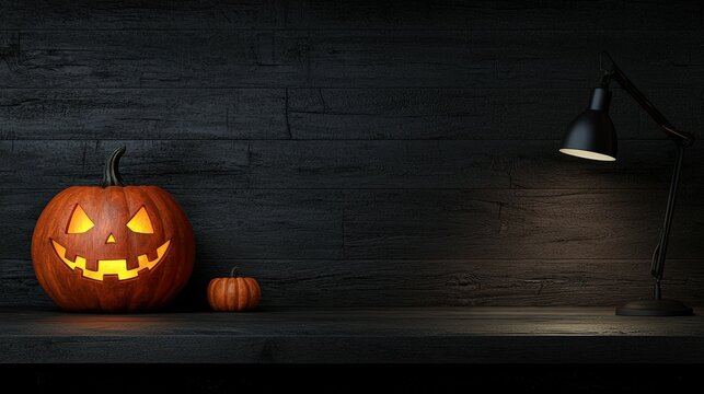 Halloween pumpkins with glowing faces on dark wooden table, warm lighted ambiance.