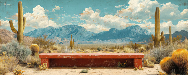 The Arizona desert, a vast landscape, features cacti and mountains in the background, with a vintage, retro aesthetic. The image is ultra-realistic and cinematic in style.