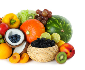 Different fresh vegetables and fruits isolated on white