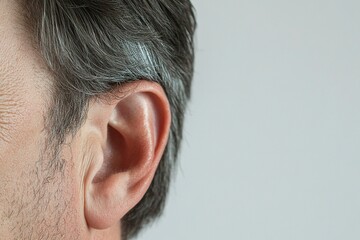 Obraz premium Close up view of a man's ear on white background. Copy space. generative ai