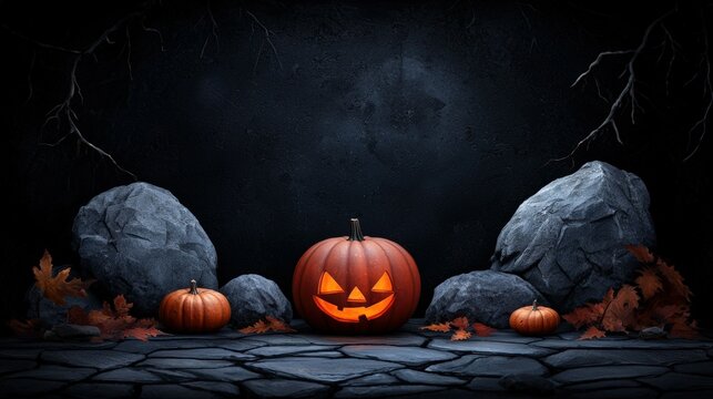Halloween scene with carved pumpkins and eerie background.