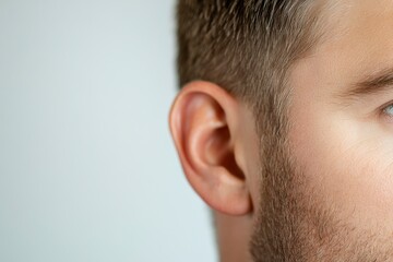 Obraz premium Close up view of a man's ear on white background. Copy space. generative ai