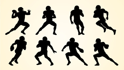 Silhouettes of American football players in various action poses, depicting passing, running, and defensive stances. The figures are shown in dynamic motion, highlighting athleticism and strategy.