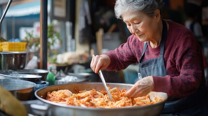 A Korean grandmother carefully preparing cabbage kimchi in a large bowl, showing the cultural tradition of making this iconic dish for family gatherings.