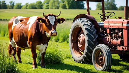 Cow and Old Farm Tractor in a Field beautifully captures the nostalgic charm of rural farm life,...