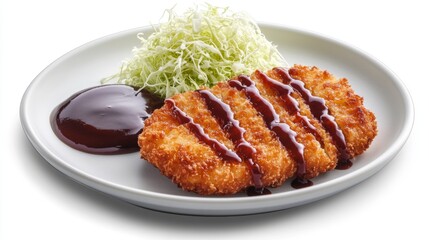 A beautifully plated dish of golden-brown korokke, served with a side of shredded cabbage and tangy tonkatsu sauce, set against a clean white background for a fresh look.