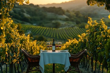 A couple is enjoying a romantic dinner in a vineyard