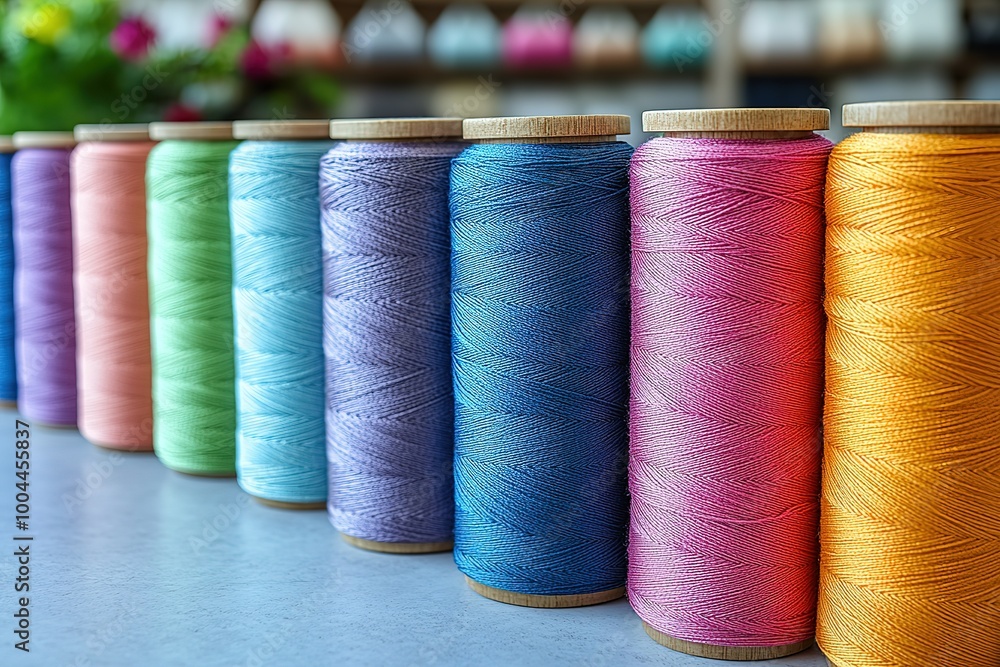 Poster a row of colorful spools of thread are lined up on a table