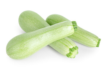 Many fresh ripe zucchinis isolated on white, above view
