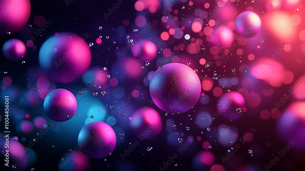 Poster purple and pink spheres float in a bokeh-lit realm, blending soft hues with cutting-edge 3d design.