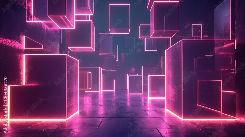 Poster neon pink cubes hover in a futuristic space, their glowing edges creating a digital symphony of ligh