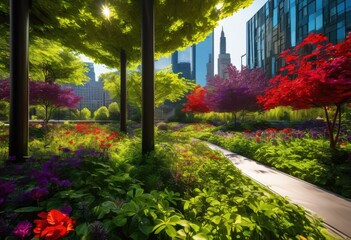 Fototapeta premium vibrant urban green spaces filled lush plant life colorful flora city backdrop, plants, trees, parks, gardens, landscapes, greenery, flowers, buildings