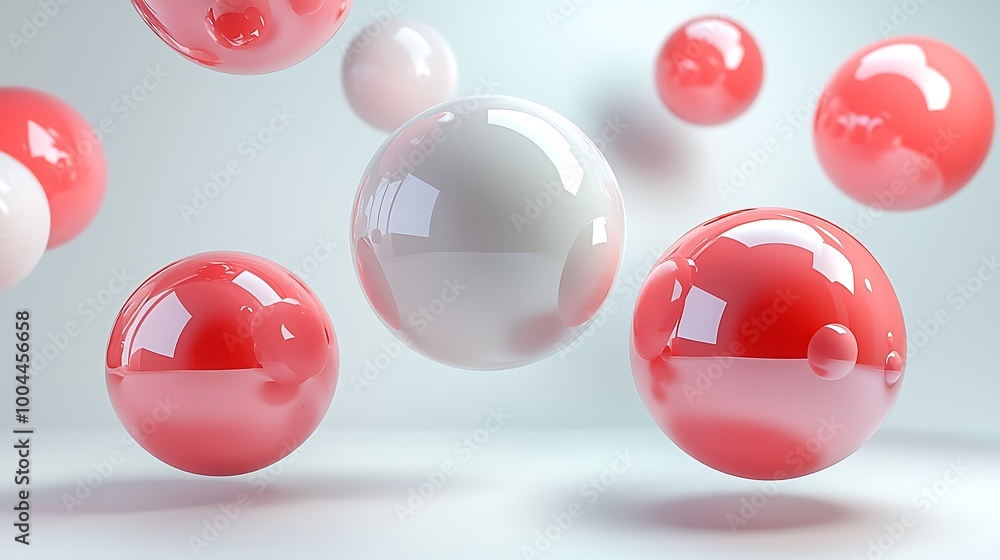 Poster red and white 3d spheres hover on a minimalist white background, a bold yet simple visual.