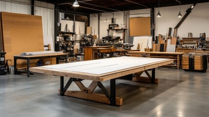 Large Industrial Workbench with Wood Top and Black Metal Legs